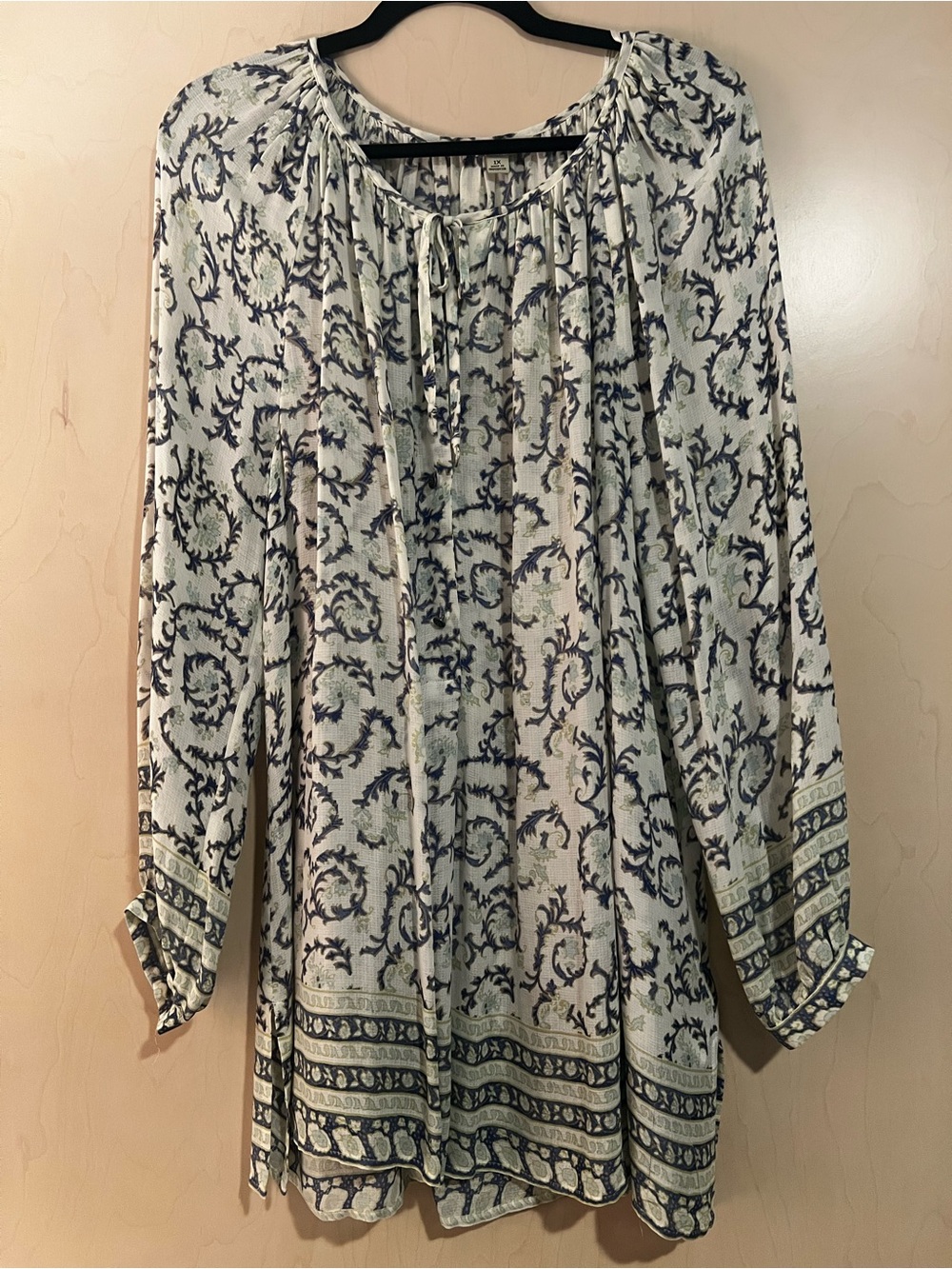 Lucky Brand Cream Blouse with Blue Floral Scroll Print, NWOT